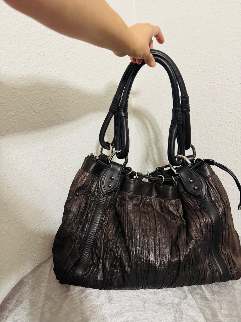 Donald J. Pliner Dark Brown Pleated Leather Shoulder Bag
